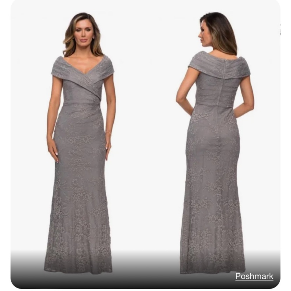 La Femme Gray Embellished Off-Shoulder Maxi Dress